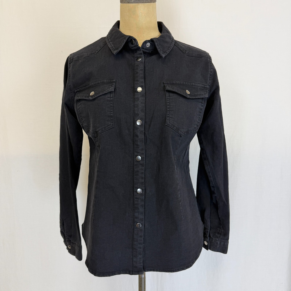 NWT Soya Concept Black Stretch Denim Snap Up Shirt / Shacket Size S #0413